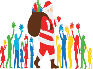 Santa claus with sack full of gifts walking among children isolated on white background