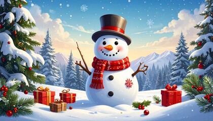 Cheerful snowman with red hat and scarf beside Christmas tree in snowy landscape.