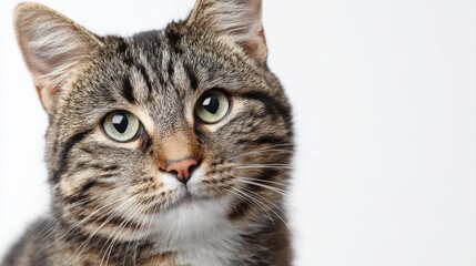 Studio portrait of a sitting tabby cat looking forward against a white back ground