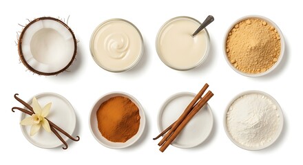 Assorted ingredients displayed overhead view on a bright background