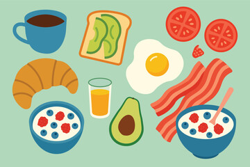 Flat Design Illustration Highlighting a Selection of Delicious Breakfast Items and Drinks