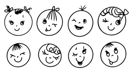 Cute hand drawn doodle faces showing funny kids’ emotions — surprise, tongue out, wink. Perfect vector for children’s design, education, icons and comics