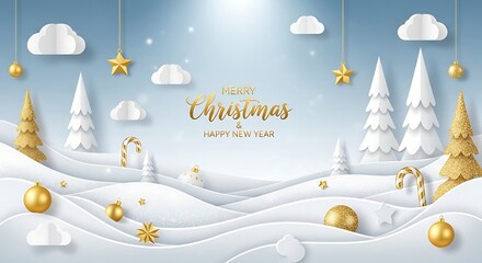 Winter christmas composition in paper cut style.Merry Christmas text Calligraphic Lettering illustration.