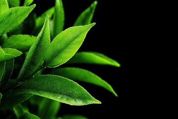 Vivid green leaves cluster, dark background