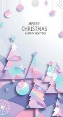 Obraz premium Winter christmas composition in paper cut style.Merry Christmas text Calligraphic Lettering illustration. 