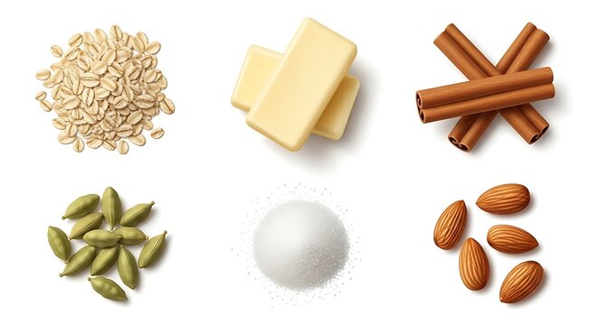 Various ingredients isolated on white background for culinary use