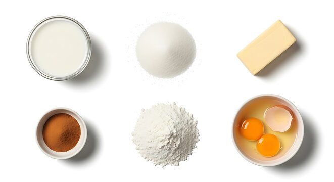Baking ingredients arranged on white background overhead view
