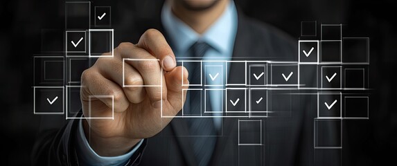 Man checks virtual boxes with ticks in digital interface