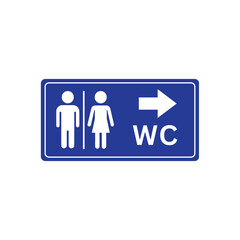 WC sign set on transparent background. WC icon in blue rectangle shape. Flat WC symbol man and woman with right arrow illustration