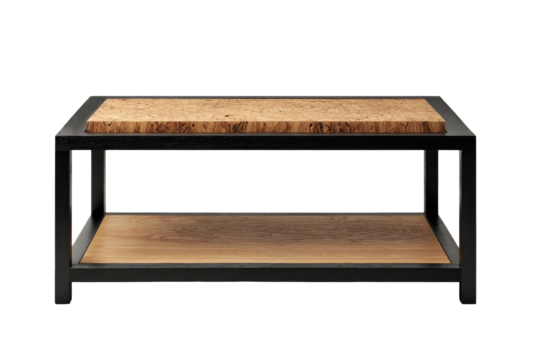 Two-tiered, rough-cut wood-top table, black frame