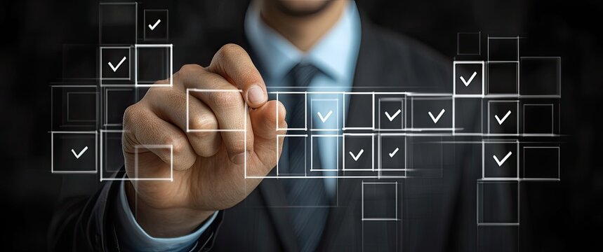 Man checks virtual boxes with ticks in digital interface