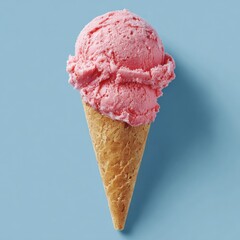 Pink ice cream scoop atop a cone on light blue backdrop
