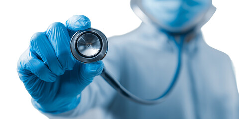 Healthcare Professional in Blue Gloves Holding Stethoscope on Transparent Background Medical Examination Doctors and Nurses Medical Equipment Clinical Health Checkup, PNG