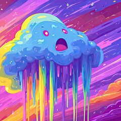 Melting blue cloud creature against colorful, abstract sky