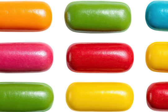 Rows of vibrant, rounded, colorful candies