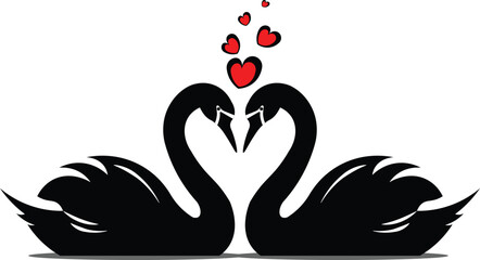 Two black swans forming heart shape isolated on white background