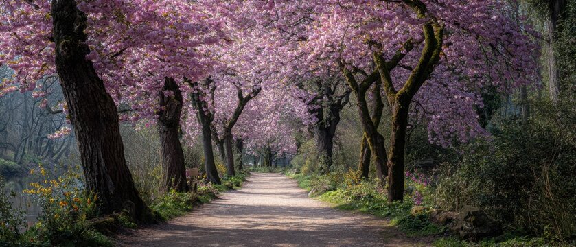 Sun-dappled pathway through a park with majestic trees adorned in pink cherry blossoms sakura spring