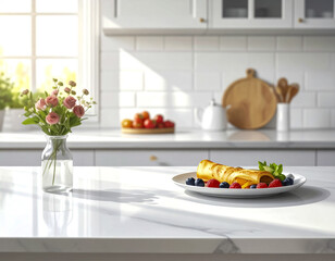 Elegant Morning Crepes and Berries with Pink Roses on Clean White Table.