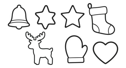 Collection of simple hand drawn outline christmas holiday icons including a bell reindeer star stocking mitten and heart