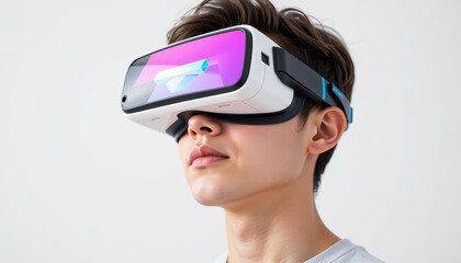 Virtual reality headset young man closeup white background immersive technology futuristic headset