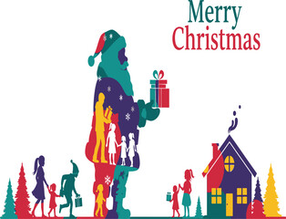Colorful christmas illustration featuring santa claus silhouette and children isolated on white background