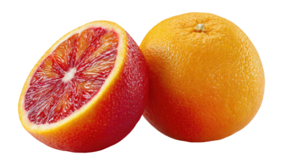 Brightly lit whole and halved blood orange against a black background
