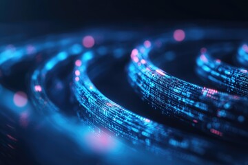 Abstract glowing blue spiral cables, blurry lights