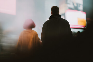 bustling street adorned with ultrabright holographic advertisements projected onto facades of real buildings