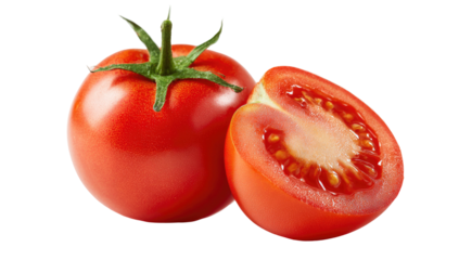 A vibrant red tomato, whole and halved, against a black background