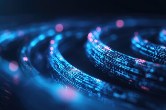 Abstract glowing blue spiral cables, blurry lights