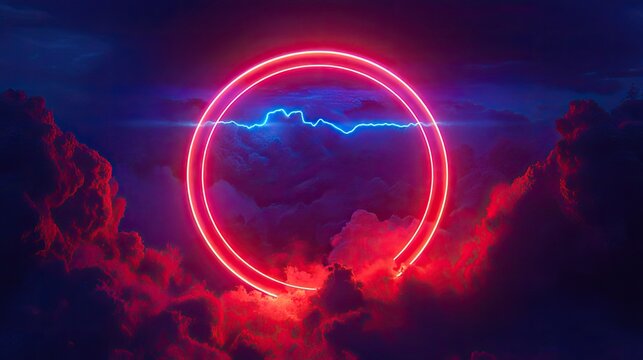 Neon circle & lightning over clouds in vibrant sky - Powered by Adobe
