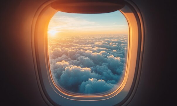 Plane window views sunset clouds, warm light, peaceful sky