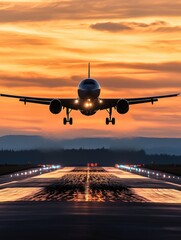 Plane ascends at dawn, runway lights blazing
