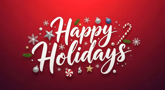 Festive happy holidays greeting with sparkling snowflakes ornaments candy canes and stars on a vibrant red gradient background perfect for christmas and winter celebrations