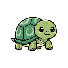 Cute green baby turtle cartoon illustration. A sweet and happy little tortoise character with a smiling face, isolated on a clean white background