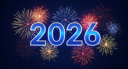 Vibrant fireworks illuminate the year 2026 celebrating the upcoming new year with a dazzling display of color and light against a dark night sky