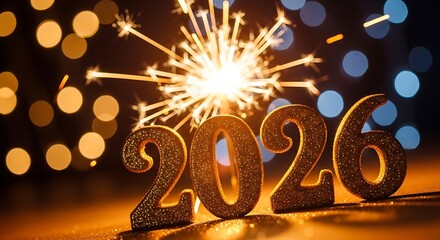 Sparkling new year 2026 celebration with glowing sparkler fireworks and bokeh lights creating a festive and magical atmosphere for holiday greetings and event promotion
