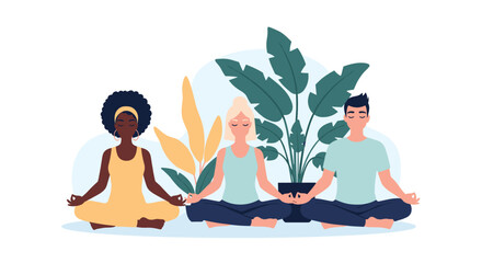 Diverse group of three individuals practicing meditation and mindfulness together in a serene setting with indoor plants, promoting peace and wellness.