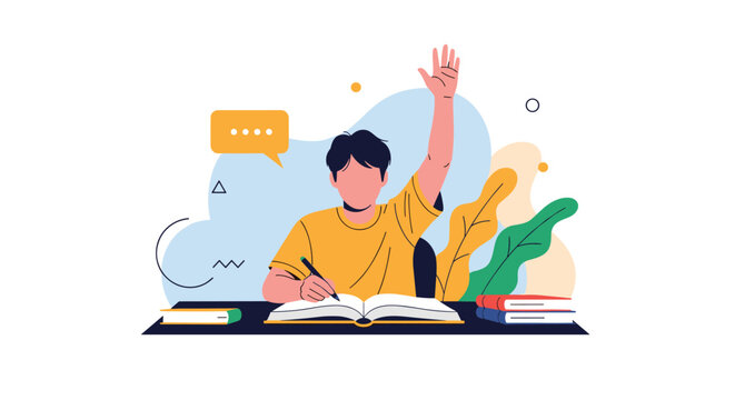 Student raising hand and writing at a desk with books, engaging in active learning and classroom participation.