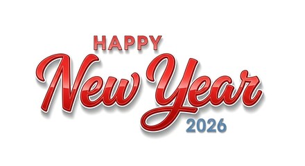 Festive red script lettering announces happy new year 2026 with a glossy effect and subtle shadow perfect for celebratory greetings and seasonal designs