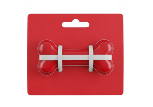 Red bone shaped dog toy in packaging isolated on transparent background