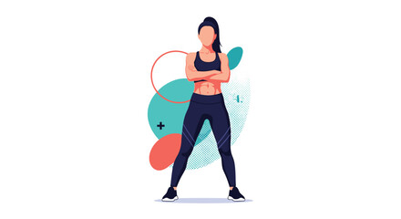 A strong and confident woman in athletic wear with visible abs crosses her arms, embodying an active and healthy lifestyle.