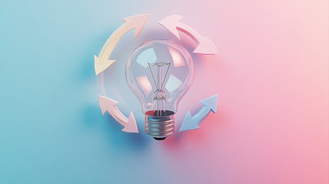 Light bulb surrounded by arrows representing innovative ideas, creativity, renewable energy, and sustainability in a vibrant pastel background
