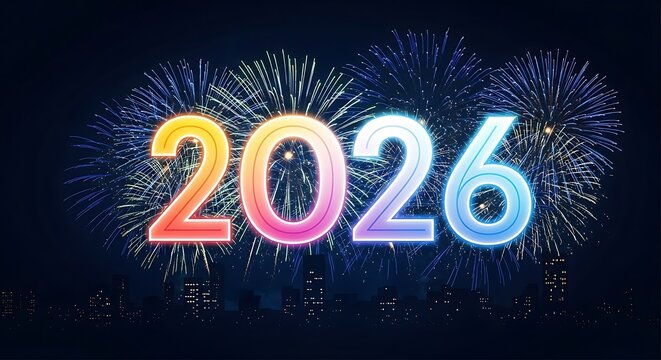Vibrant and colorful neon glowing numbers 2026 illuminated against a dark background with a spectacular burst of fireworks celebrating the upcoming new year