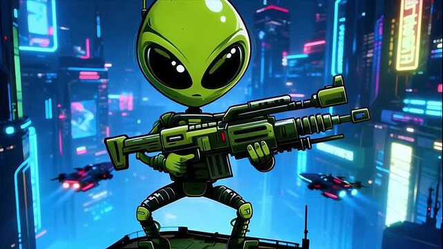 Neon Invader: Cyberpunk Alien Warrior in Futuristic Metropolis
