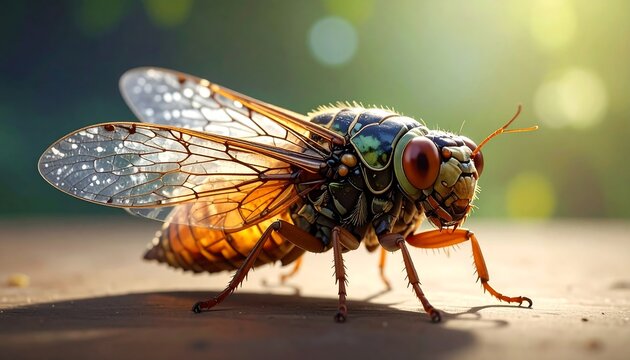 Macro shot of a detailed cicada on a wood surface, with focused iridescent eyes and wings