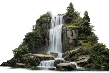 Obraz premium Cascading waterfall over mossy rocks surrounded by lush green trees and foliage cascade stone, Isolated On White Background, Png Transparent