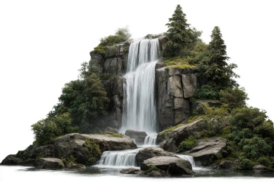 Cascading waterfall over mossy rocks surrounded by lush green trees and foliage cascade stone, Isolated On White Background, Png Transparent