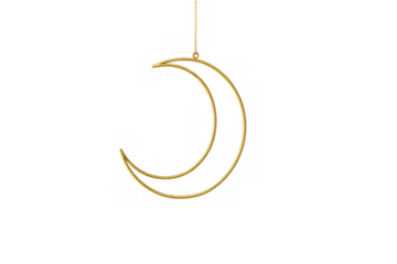 Golden crescent moon ornament with two entwined rings, hanging by a thread, representing celestial beauty and religious holidays