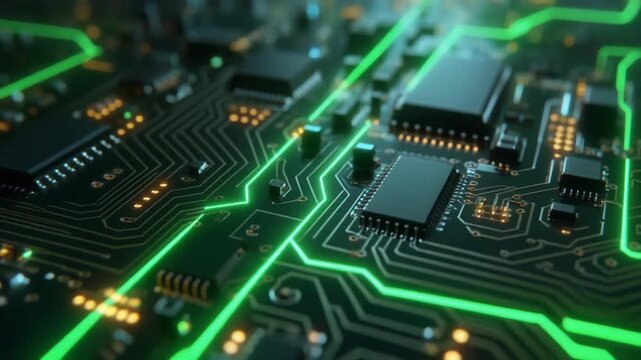 Extreme macro shot of financial circuit board, glowing lines tracing trading patterns, abstract digital business flow technology background.